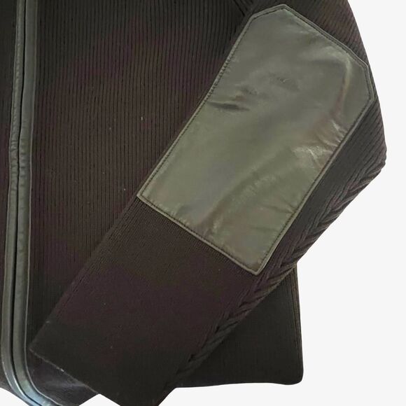 Cole Haan Mens Chocolate Brown Wool Cardigan Sweater XL Full Zip Leather Trim - Picture 4 of 10